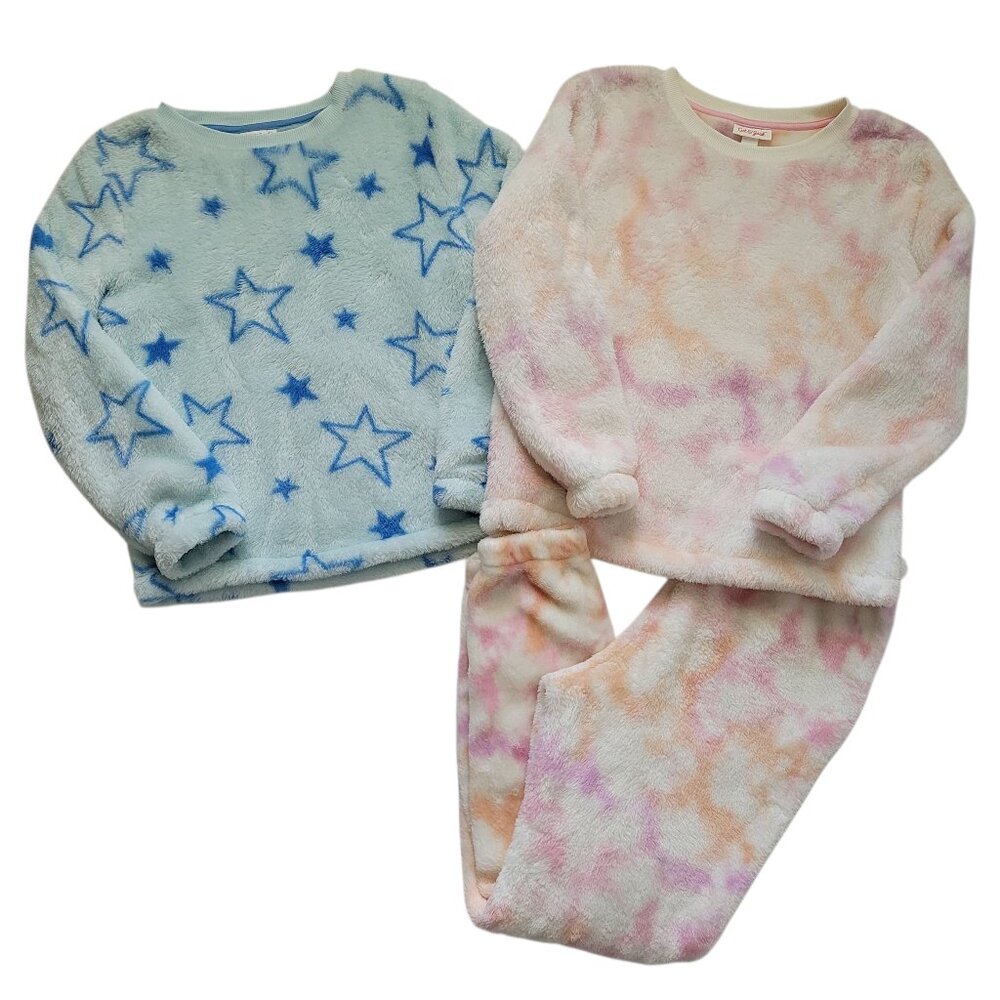 Cat & Jack Fleece Jogger Pants Set Pink Tie Dye Blue Star Sweater Girls L Cozy